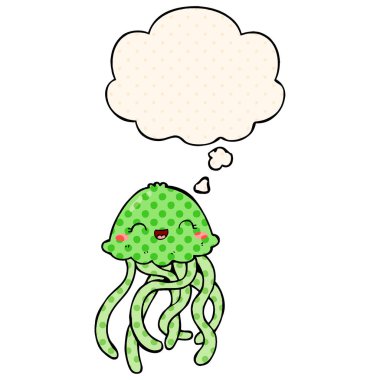 sevimli karikatür denizanası ve çizgi roman tarzında düşünce balonu