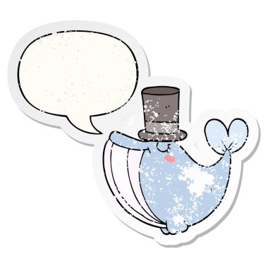 karikatür balina ve üst şapka ve konuşma balonu sıkıntılı etiket