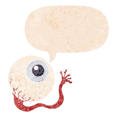 retro dokulu stilde karikatür yaralı göz küresi ve konuşma balonu
