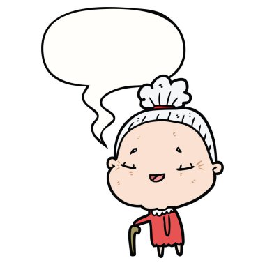 karikatür yaşlı kadın ve baston ve konuşma balonu