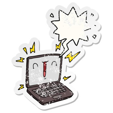 karikatür dizüstü bilgisayar ve konuşma balonu sıkıntılı etiket