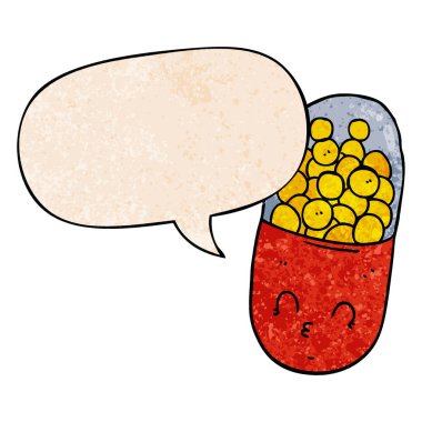 retro doku tarzında karikatür hapı ve konuşma balonu