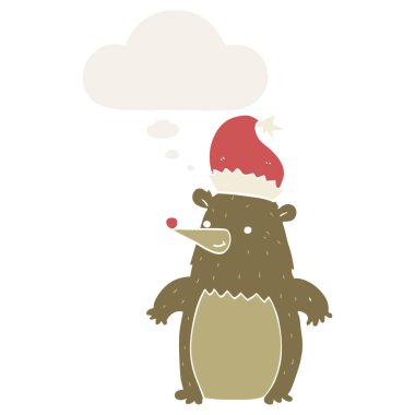 karikatür ayı retro s noel şapkası ve düşünce balonu giyen