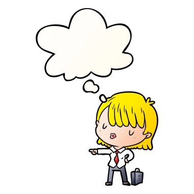 karikatür verimli iş kadını ve pürüzsüz gra düşünce balonu