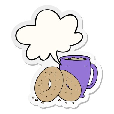 karikatür kahve ve çörekler ve konuşma kabarcık etiket