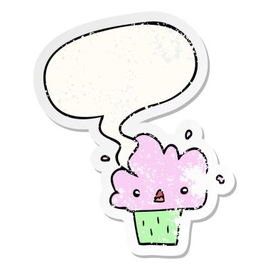 karikatür cupcake ve konuşma balonu sıkıntılı etiket