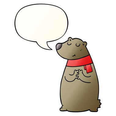 düzgün degrade eşarp ve konuşma balonu giyen karikatür ayı 