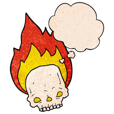 grunge textur ürkütücü karikatür yanan kafatası ve düşünce balonu
