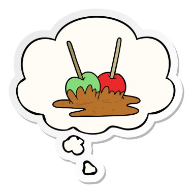 karikatür şekerleme elma ve baskılı bir etiket olarak kabarcık düşünce