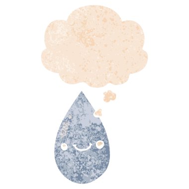 retro dokulu tarzı karikatür sevimli yağmur damlası ve düşünce balonu
