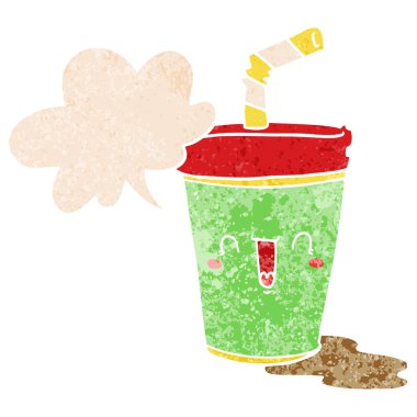 retro dokulu tarzda sevimli karikatür soda ve konuşma balonu