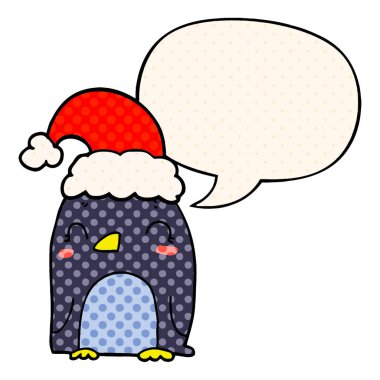 sevimli noel penguen ve çizgi roman tarzında konuşma balonu