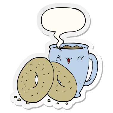 karikatür kahve ve çörekler ve konuşma kabarcık etiket
