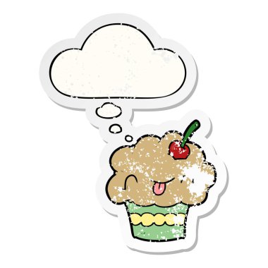 karikatür cupcake ve sıkıntılı yıpranmış etiket olarak kabarcık düşünce