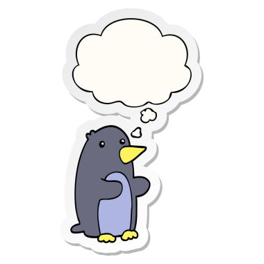 karikatür penguen ve baskılı bir etiket olarak kabarcık düşünce