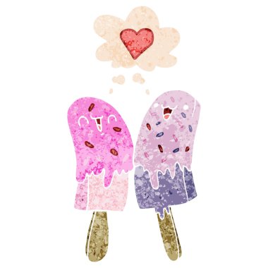 retro dokulu s aşk ve düşünce balonu karikatür buz lolly