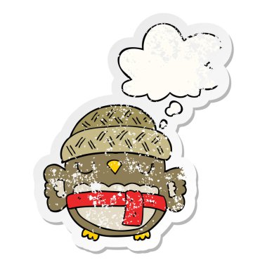 şapka sevimli karikatür baykuş ve sıkıntılı yıpranmış olarak kabarcık düşünce 