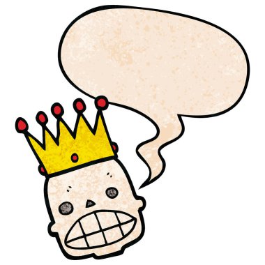 retro t karikatür ürkütücü kafatası yüz ve taç ve konuşma balonu