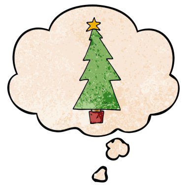 karikatür noel ağacı ve grunge doku patt düşünce balonu
