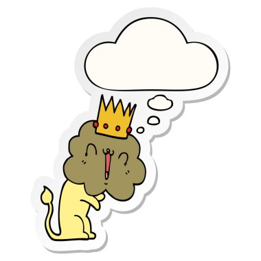 basılı bir etiket olarak taç ve düşünce balonu ile karikatür aslan
