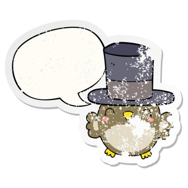 çizgi film baykuş üst şapka ve konuşma balonu sıkıntılı etiket giyiyor