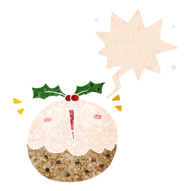 retro textur sevimli karikatür noel puding ve konuşma balonu