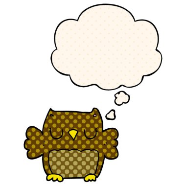 sevimli karikatür baykuş ve çizgi roman tarzında kabarcık düşünce