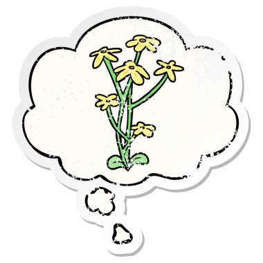 karikatür çiçek ve sıkıntılı yıpranmış etiket olarak kabarcık düşünce