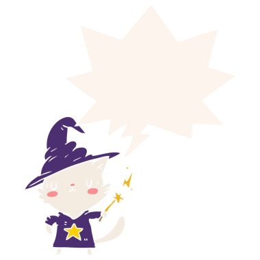 retro st büyülü şaşırtıcı karikatür kedi sihirbazı ve konuşma balonu