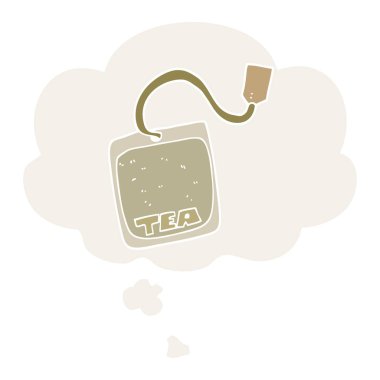 karikatür çay poşeti ve retro tarzında düşünce balonu