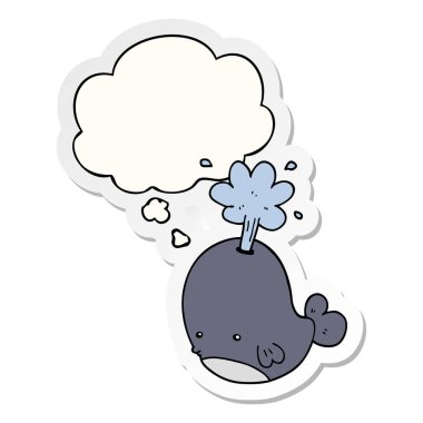 karikatür balina ve baskılı bir etiket olarak kabarcık düşünce spouting