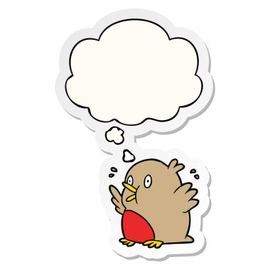 karikatür heyecanlı robin ve basılı bir etiket olarak kabarcık düşünce