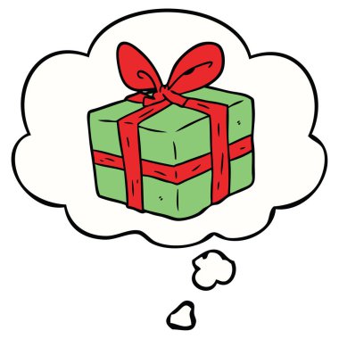 karikatür sarılmış hediye ve düşünce balonu