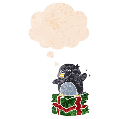 retro dokulu mevcut ve düşünce balonu çizgi film penguen 