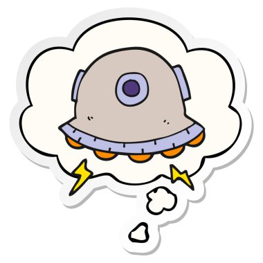 karikatür Ufo ve basılı bir etiket olarak kabarcık düşünce