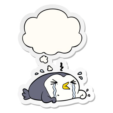 çizgi film ağlayan penguen ve baskılı bir etiket olarak kabarcık düşünce