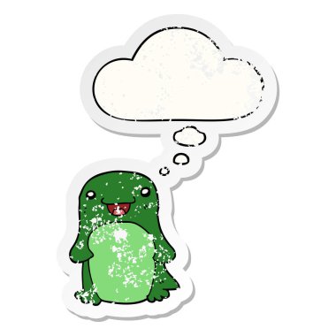 karikatür penguen ve sıkıntılı yıpranmış etiket olarak kabarcık düşünce