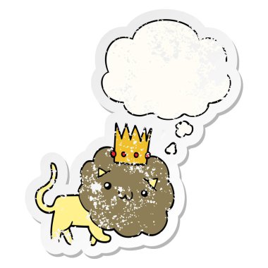 sıkıntılı yıpranmış olarak taç ve düşünce balonu ile karikatür aslan 