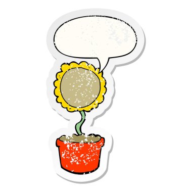 sevimli karikatür çiçek ve konuşma balonu sıkıntılı etiket