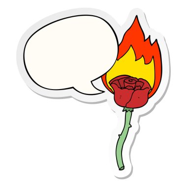 karikatür yanan gül ve konuşma kabarcık etiket