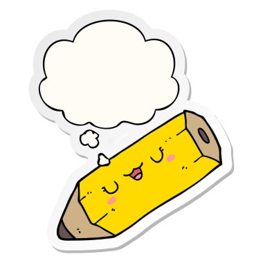 sevimli karikatür kalem ve baskılı bir etiket olarak kabarcık düşünce