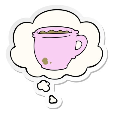 karikatür sıcak fincan kahve ve baskılı bir sticke olarak kabarcık düşünce