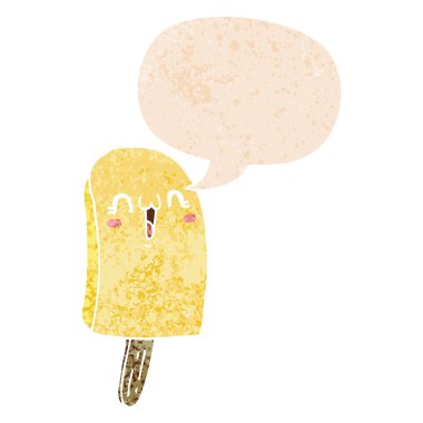 retro dokulu sty karikatür dondurulmuş buz lolly ve konuşma balonu