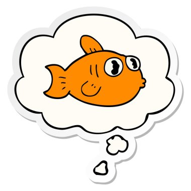 karikatür balık ve baskılı bir etiket olarak kabarcık düşünce
