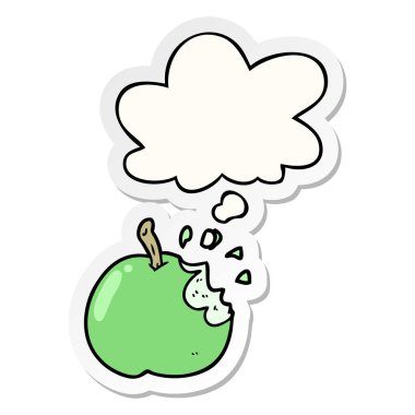 karikatür ısırılmış elma ve baskılı bir etiket olarak kabarcık düşünce