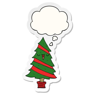 karikatür noel ağacı ve baskılı bir etiket olarak kabarcık düşünce