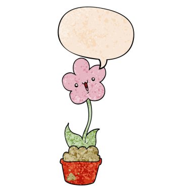 retro doku tarzında sevimli karikatür çiçek ve konuşma balonu