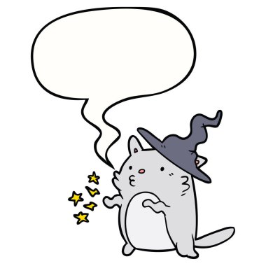 büyülü şaşırtıcı karikatür kedi sihirbazı ve konuşma balonu
