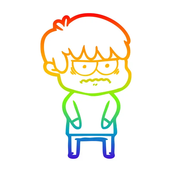 Rainbow gradient line drawing annoyed cartoon boy — Stock Vector