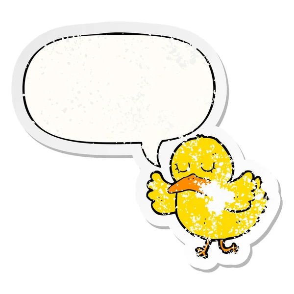 Cartoon duck and speech bubble distressed sticker — Stock Vector